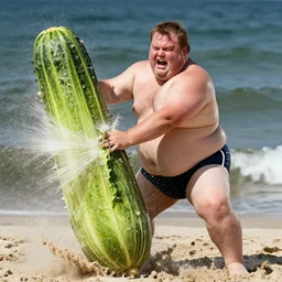 a photo of a fat man in a swimsuit aggressively smashing a giant vegetable