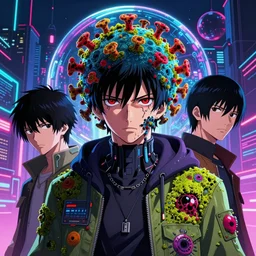 anime 4 k headshot portrait of a psychedelic cybernetic covid - 1 9 with toxic mold themed clothes, techno planet in cybernetic neo - tokyo in background, by jeff easley, vibrant colors, award winning, stylized neon, post - processing, masterpiece, by tsutomu nihei, superb resolution, by junji ito, by greg rutkowski, detailed cyberpunk city in background, 8 k, hyper realistic anime, perfect art