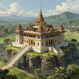 Sprawling imposing grand royal Filipino palace with a grand staircase leading up the palace, 6 storeys, native Filipino architecture, located atop a rice field in a valley, beside a great chasm, digital painting, concept art by Shaddy Safadi