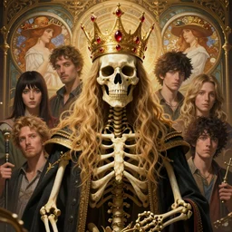 highly detailed surreal vfx portrait of a sacred skeleton king with golden crown with rubies, stephen bliss, unreal engine, greg rutkowski, loish, rhads, beeple, makoto shinkai and lois van baarle, ilya kuvshinov, rossdraws, tom bagshaw, alphonse mucha, global illumination, detailed and intricate environment