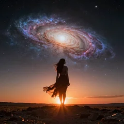 a celestial being at sunset in the cosmos in front of a galaxy
