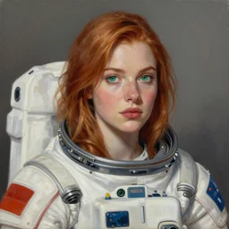 a portrait of a very beautiful woman in a spacesuit, Alexandria\'s genesis, shoulder-length red-blonde hair, brilliant green eyes, bored, illustration, soft lighting, soft details, painting oil on canvas by mark arian by artgerm, trending on artstation, 4k, 8k, HD