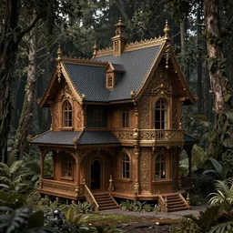 a small wooden house built of carbon fibre surrounded by a dense forest, retro dark vintage sci-fi, matte illustration, highly detailed, baroque, crazy detail, intricate, elite, ornate, elegant, extravagant, dramatic lighting, CGsociety, hyper extremism, golden ratio, ambient key art, octane rendering, weta digital, micro detail, 3d sculpture, structures, ray tracing 8k