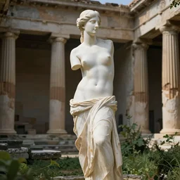photograph of venus de milo as a person standing in an old and rundown temple surrounded by greenery.