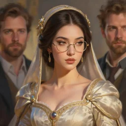 detailed painting of mei from overwatch as an elegant medieval noblewoman, jeff easley and dan mumford, detailed face, beautiful soft silky dress, intricate, soft lighting, hyper realistic, mood light, golden hour, glasses |