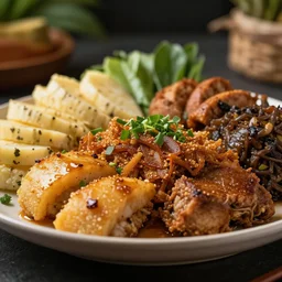 close - up focused dslr photograph of an fijian dinner, 8 k, high detail, volumetric lighting, hyperrealism, aesthetically pleasing, studio lighting, trending