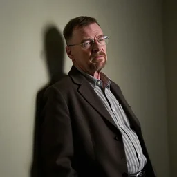 Walter White leaning on a wall, expression: pain. Horror scene,