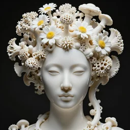 iris van herpen biomechanical coral headdress, daisies, well contoured smooth porcelain ivory woman face, up close shot, sharp focus, global illumination, radiant light, rhizomorphs, brakets, pufferballs, mushrooms, fractal lichen, alexandre ferra white mecha, octane highly render, 4 k, ultra hd,