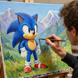a closeup photorealistic photograph of bob ross working on a canvas painting sonic the hedgehog. film still. brightly lit scene. mountain scape. this 4 k hd image is trending on artstation, featured on behance, well - rendered, extra crisp, features intricate detail, epic composition and the style of unreal engine.