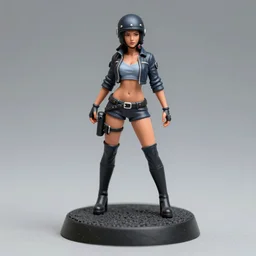 80mm resin detailed miniature of a biker woman, very short jacket, helmet, over-knee boots, navel, thigh skin, on textured base; Miniature product Photos, 4K, Full body;