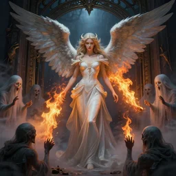 a angelic woman with a beautiful face is standing at the gate of hell and spitting fire flames, ghosts of lost souls in front of her are being hit by the fire, fantasy art, art by greg rutkowski and artgerm, amazing detail, hd, illustration, epic, intricate, elegant, artstation, concept art, smooth, sharp focus, cinematic