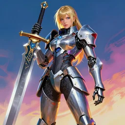 katana zero video game character, huge sword, futuristic full body armor, cyborg, synthwave art, retrofuturist, realist, colorful, digital art,  thiago lehmann