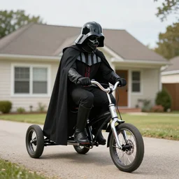Darth riding his tricycle in front of his home, 8k