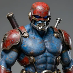 solid thick super muscly male portrait, rusty red helmet, large metal jaw, blue skin, ultra realistic, intricate details, robocop artifacts, highly detailed by peter mohrbacher, allen williams, hajime sorayama, wayne barlowe, boris vallejo, aaron horkey, gaston bussiere, craig mullins