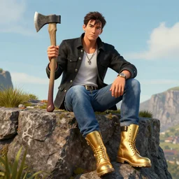 A man wearing a black Jacket, wearing a white shirt, wearing blue jeans and golden boots, sits on a cliff holding an axe, hyperdetailed, artstation, cgsociety, 8k