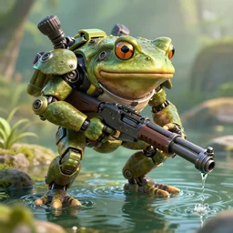 amphibious toad mech stepping out of a pond with a lazer rifle dripping water. film still. brightly lit scene. this 4 k hd image is trending on artstation, featured on behance, well rendered, extra crisp, features intricate detail, epic composition and the style of unreal engine, national geographic, bandai box art.