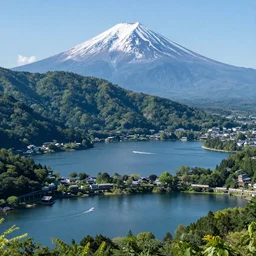 five lakes under mt. fuji, a train weaving through the mountains and ravines, a speedboat racing across the lake in the distance