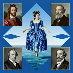Marie Antoinette levitating!!! over the sea. El Greco, Remedios Varo, Salvador Dali, Carl Gustav Carus, John Atkinson Grimshaw. Blue tint. Symetrical, logo, geometric shapes.
