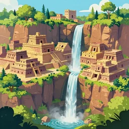 ancient aztec city built into a cliff face, waterfall cutting the city in half, lovely colors, art station, digital art, HD, 4k, beautiful foliage
