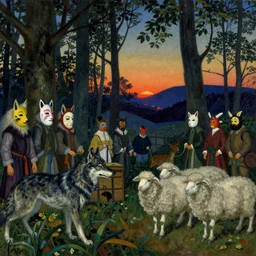 autochrome of a midsummernight's dream renaissance forest hunting festival at sunset with masks of wolves and sheep in the style of, jugendstil, alma tadema, maxfield parrish, maurice sendak, classic japanese prints