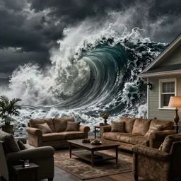 a suburban living room obliterated by a gigantic wave, in the style of the dutch masters and gregory crewdson, dark and moody