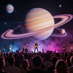 red hot chili peppers playing epic concert on saturn, alien audience, dreamy, neon light, epic night, vibrant colors