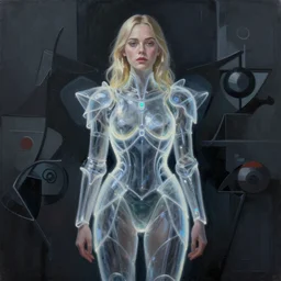 Elle Fanning in bioluminescent transparent ghostly armor picture by Sachin Teng, asymmetrical, dark vibes, Realistic Painting , Organic painting, Matte Painting, geometric shapes, hard edges, graffiti, street art:2 by Sachin Teng:4
