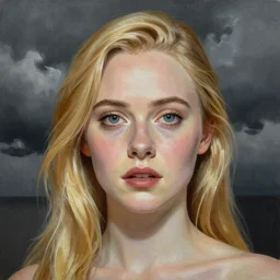 professional painting of Elle Fanning in the style of Delphin Enjolras, head and shoulders portrait, symmetrical facial features, smooth, sharp focus, illustration, intricate, stormy weather, extremely detailed masterpiece,