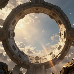 stargate cyberpunk made of stone that form a circle, cinematic view, epic sky, detailed, concept art, low angle, high detail, warm lighting, volumetric, godrays, vivid, beautiful, trending on artstation
