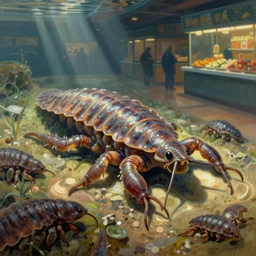tardigrades in the food court in style of vilhelm hammershoi