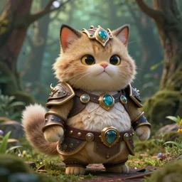 little cute fluffy forest cat, fat, evil, inspiring, adorable, anthro, guardian, dnd, woodland realm, fantasy armored attire!! strange fantasy equipment!! octane render, unreal engine 5, hyper realistic, 8 k