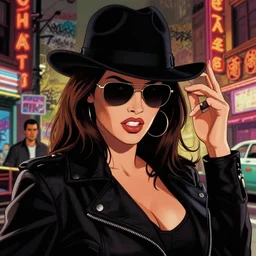 dream of a film still from sin city, closeup portrait of film noir angry megan fox private detective wearing a hat and sunglasses, china town, glamour pose, detailed illustration, digital art, trending on artstation, dan mumford, patrick nagel, yoshitaka amano, graffiti, gta v,