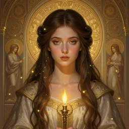 symmetry portrait of brunette princess, glam, cleric, fireflies, holy temple background, intricate, elegant, highly detailed, digital painting, artstation, concept art, smooth, sharp focus, illustration, art by artgerm and greg rutkowski and fra angelico and alphons mucha