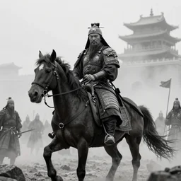 white and black 1 8 0 0 photography of gengis khan on his horse after the conquest of china, realistic, foggy, china, post - apocalyptic, photo, photograph, high detailed, camera