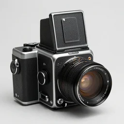 product photo of a dieselpunk medium format camera that looks like a hasselblad