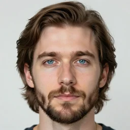 a realistic portrait of a 30 year old male with blue eyes, brown medium length hair, bushy eyebrows and short beard. 85mm portrait. photoreal.