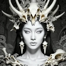 absurdly beautiful young thai woman with symmetrical white makeup, wearing an intricate headdress made from bones, wearing large earrings made from white bones, hyperdetailed illustration by irakli nadar and alexandre ferra, intricate linework, unreal engine 5 highly rendered, global illumination, radiant light, detailed and intricate environment