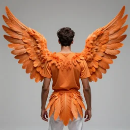 male angel avan jogia with large wings. View from the back. Orange feathers, jeans, brown skin, long black hair. detailed urban fantasy digital art, trending on artstation