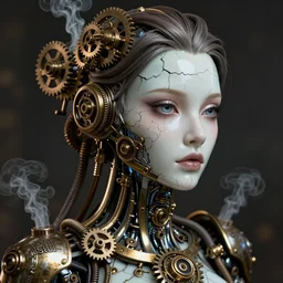 Portrait of a beautiful steampunk female android, cracked porcelain face, steam, gears, product photo, high detail, realistic octane render, raytracing