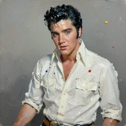 Elvis Presley painted in extremely thick, glistening impasto splatter paint, in muted colours, in impressionist styles