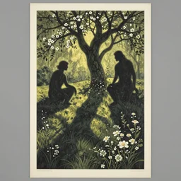 ancient beings, spring, by gediminas pranckevicius, dark shadows, woodblock, complementary - colors, olive oil, creme brule, poster, polished, discovering enlightenment, by james gilleard, blooming flowers