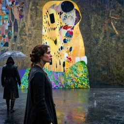 a woman in a rainy medieval city, hyperrealistic film still by edward hopper, by gottfried helnwein, by klimt, by paolo uccello, by johfra bosschart, art nouveau, highly detailed, strong lights, liminal, eerie, symbolist, bright pastel colors
