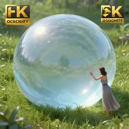 render of one huge fantasy transparent translucent round water - slime in the meadow. a woman is stroking a slime. fantasy, high details, masterpiece, cgsociety, octane render, 8 k, volumetric lighting, photorealism, translucent raytracing, artstation contest winner