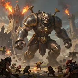 detailed fantasy illustration of a single giant demigod golem fighting a horde of small goblins in front of a castle tower shooting fireballs, trending on artstation, digital art ( by tomasz jedruszek ) ( by senfeng chen ) ( by lorenzo lanfranconi )