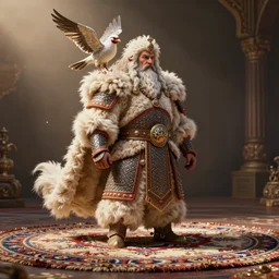 photorealistic rendering of a magic Fluffy 3d Persian Carpet warrior, everything is carpet and 3d, bird on his shoulder, surreal, immense detail, epic, striking