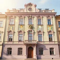 wes anderson lviv building facade highly detailed, photo, artstation, 3 d render, sharp focus, art by tokiolab and alphonse mucha, 8 k, ultra realistic, lens flare, glow, soft lighting, hyperrealistic, unreal engine