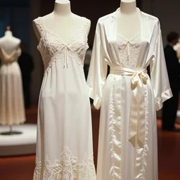 the film still photographed image is a haute couture sleepwear ensemble from the 1 9 0 0 s. this piece was inspired by the zodiac sign of taurus. the ensemble consists of a delicate white nightgown with intricate lace detailing, a matching robe, and a satin sash. the ensemble is displayed on a mannequin in the exhibit. vibrant cinematography, anamorphic lenses, upscale, hyper realistic photo,
