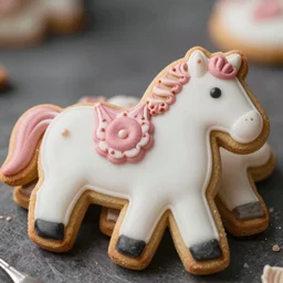 Cookies that look like they’re shaped like a horse with icing and beautiful decorations up close macro shot award winning photo studio lighting