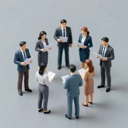 A small group of miniature professional people holding white papers, isometric, highly detailed, sharp lines, angular, clean background, 16-color