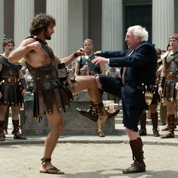 film still of bernie sanders as leonidas kicking the messenger in the well in 3 0 0 movie, 8 k